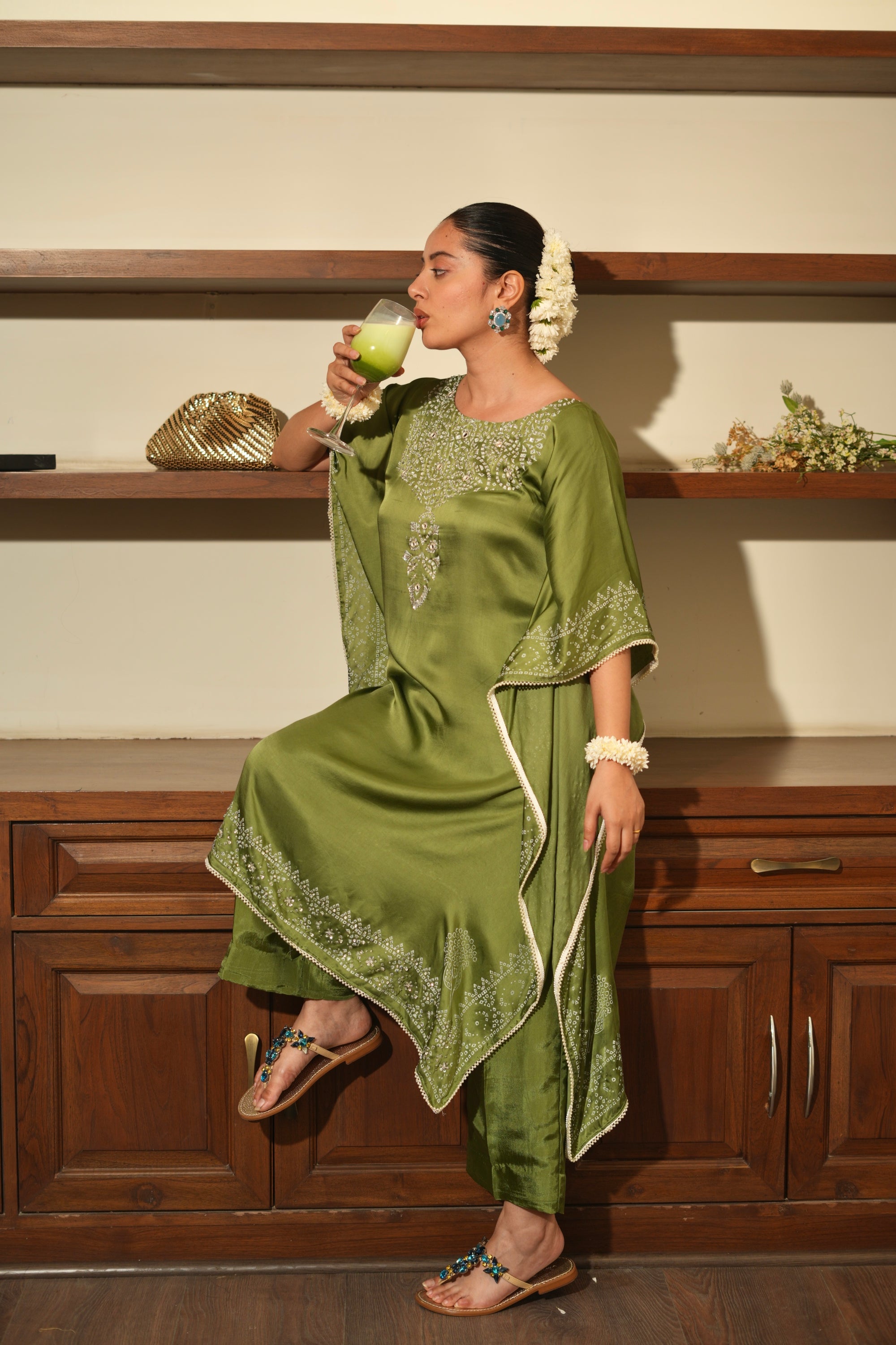 GREEN BANDHANI KAFTAN SET