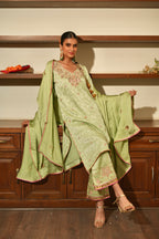 GREEN SILK EMBROIDERED KURTA SET