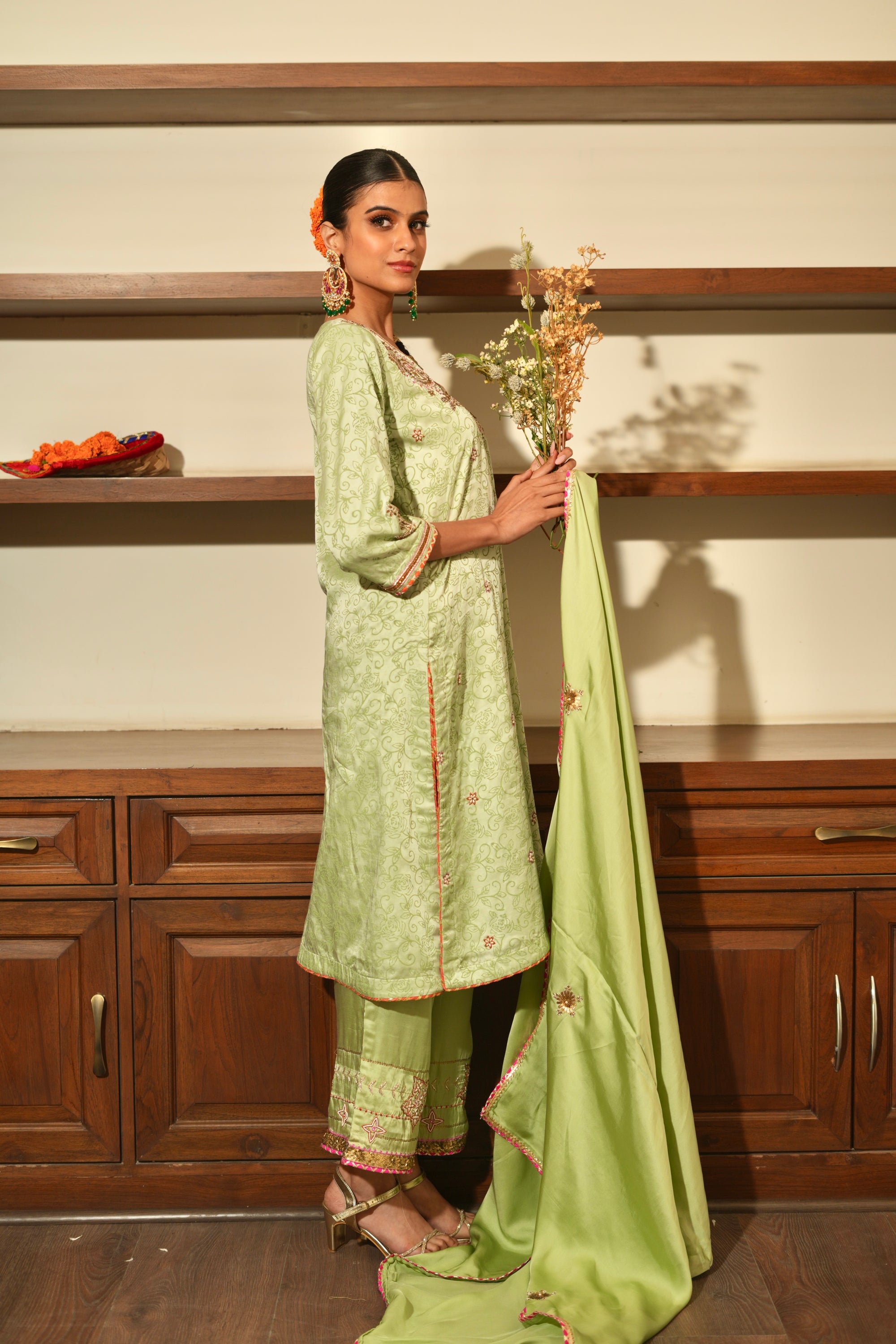 GREEN SILK EMBROIDERED KURTA SET