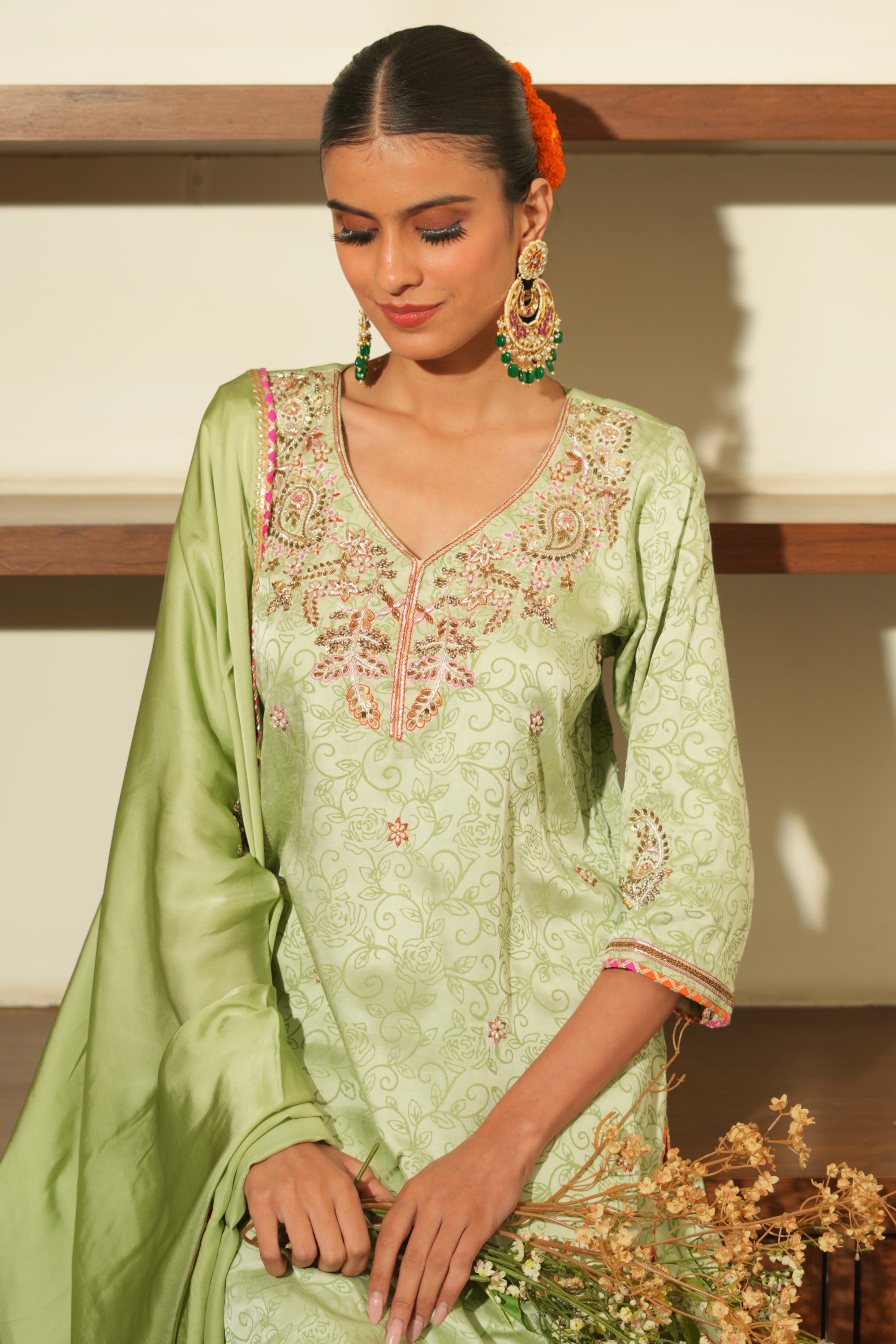 GREEN SILK EMBROIDERED KURTA SET