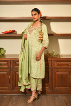 GREEN SILK EMBROIDERED KURTA SET