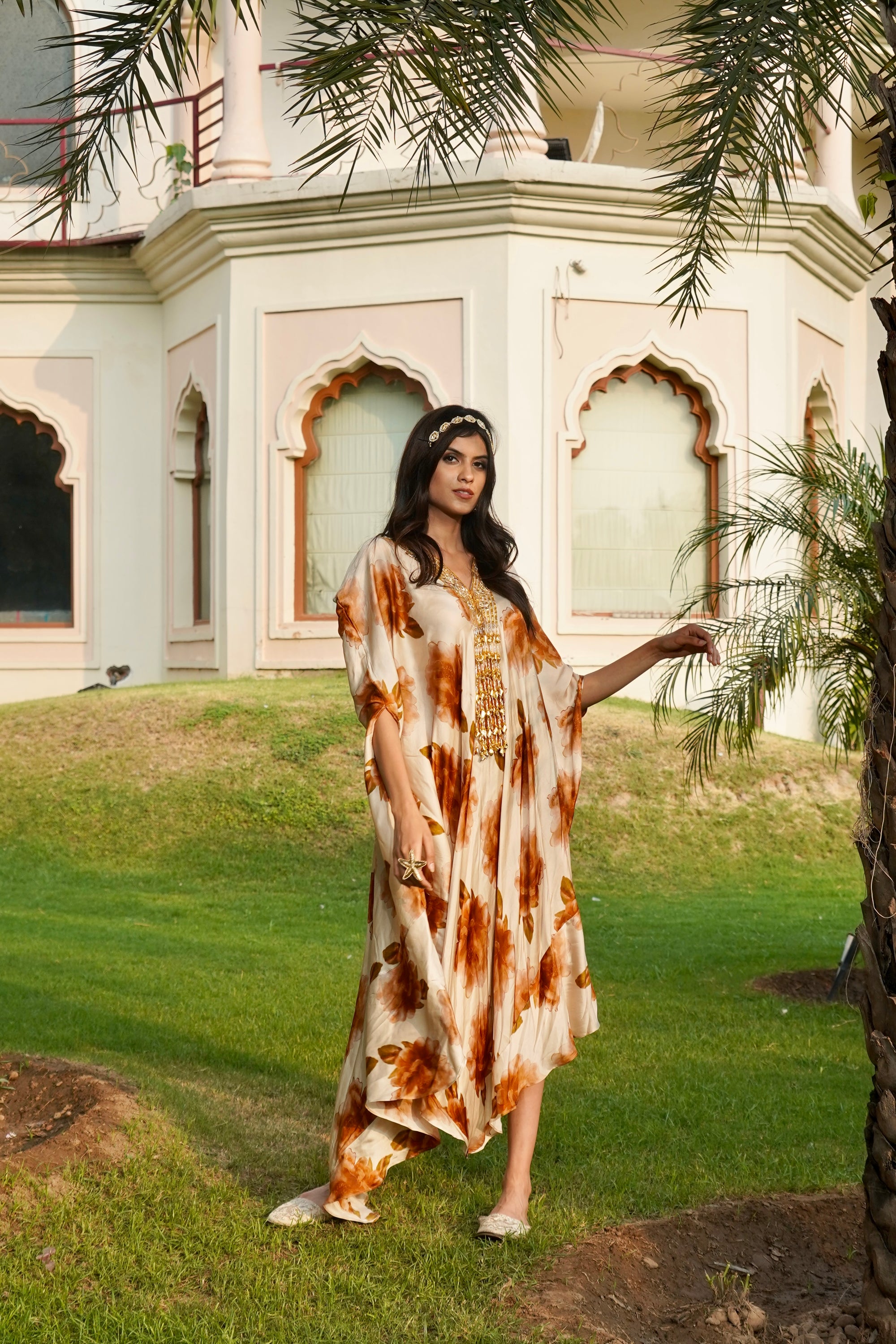 CHAMPAGNE RUST FLORAL KAFTAN DRESS