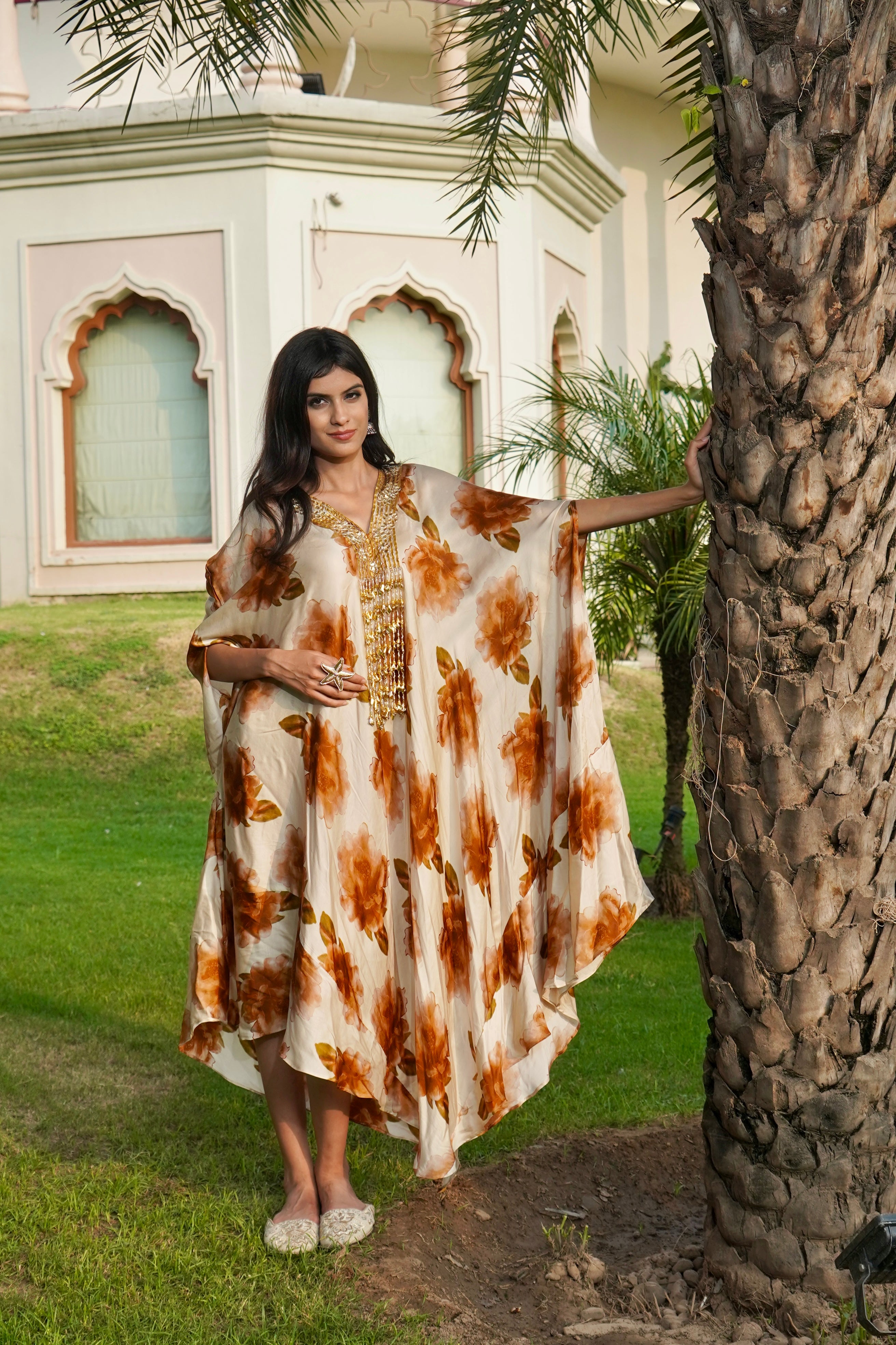 CHAMPAGNE RUST FLORAL KAFTAN DRESS