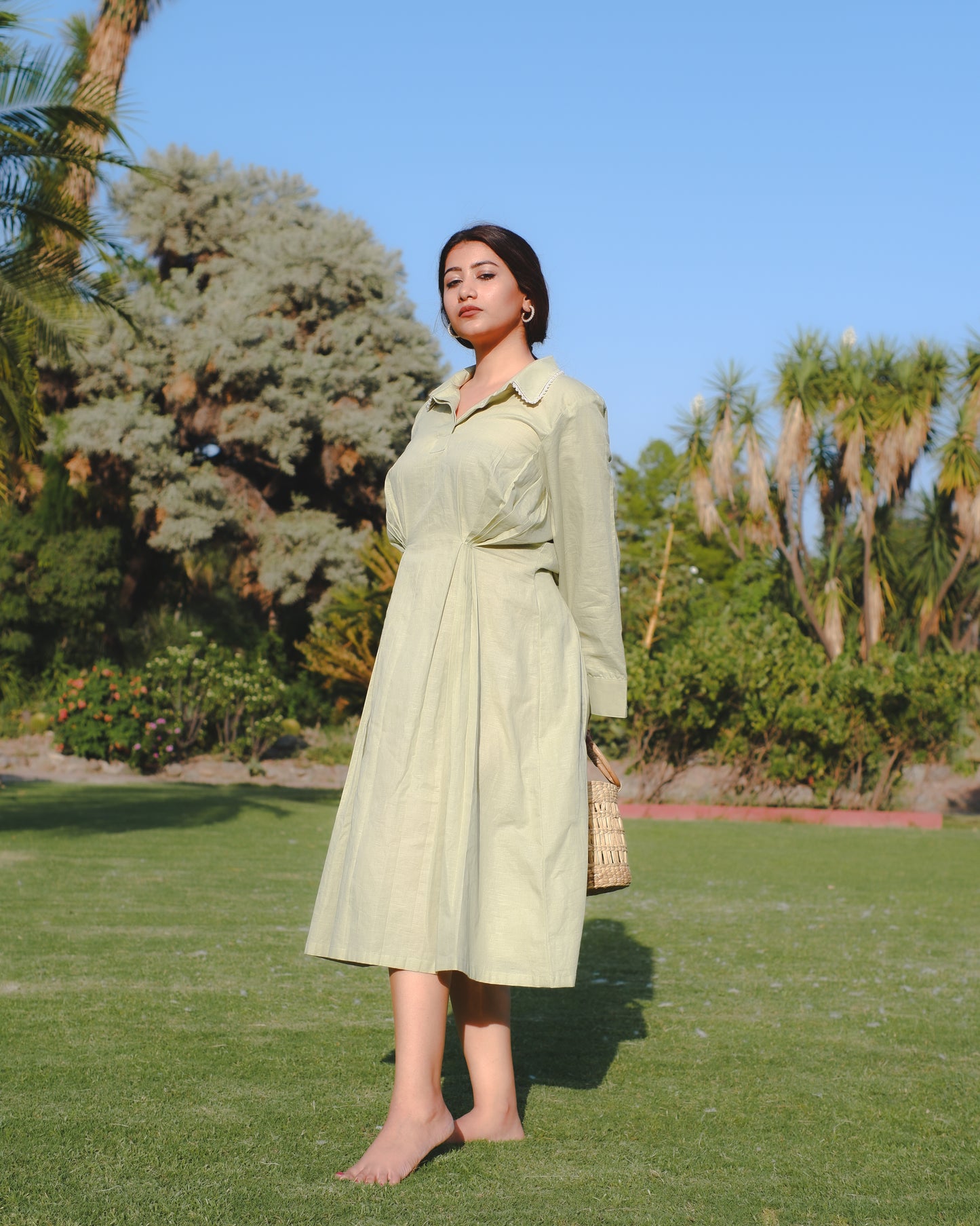 Pleated Shirt Dress in Vintage Green