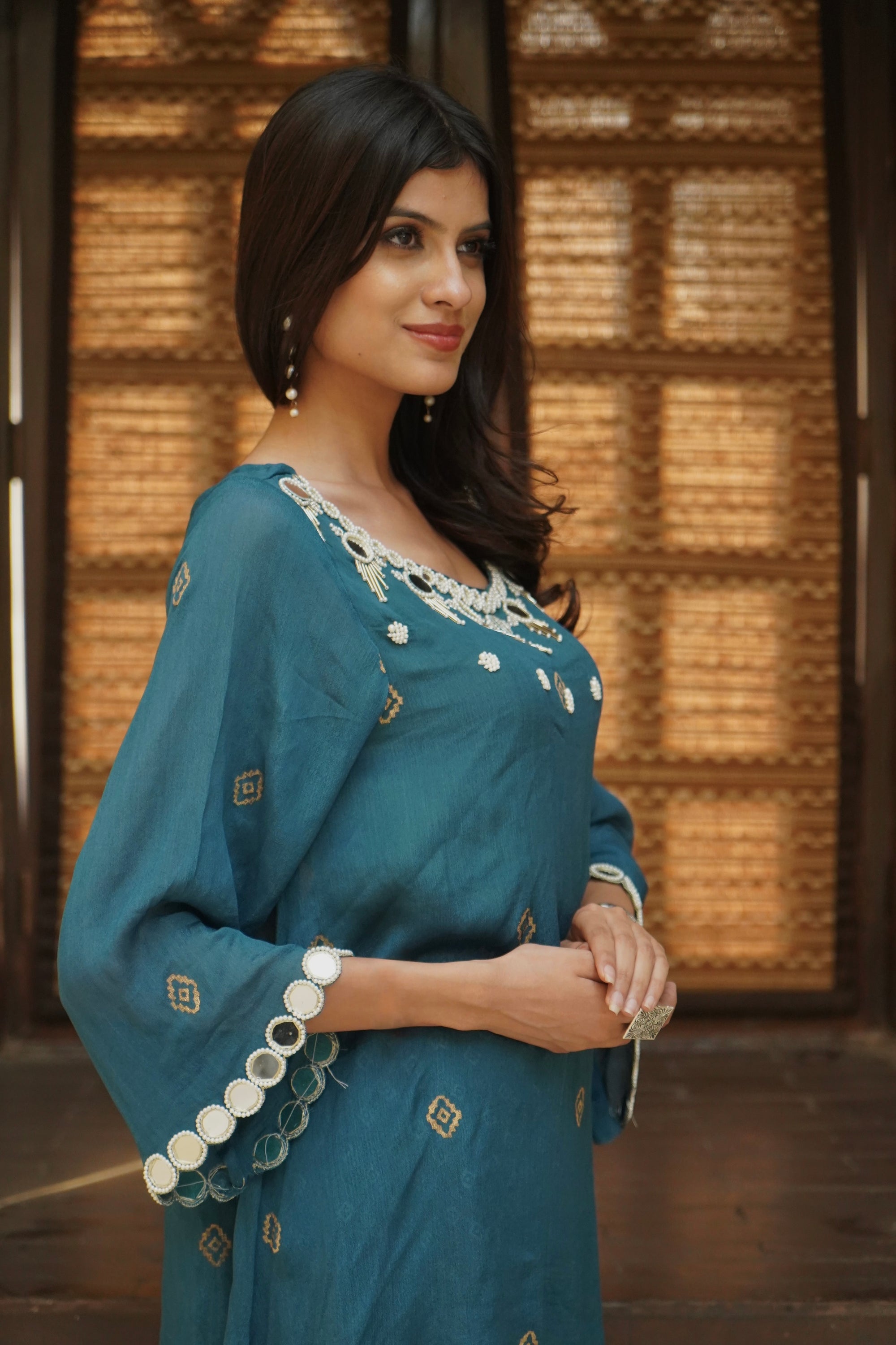 PEACOCK BLUE EMBROIDERED KURTA SET