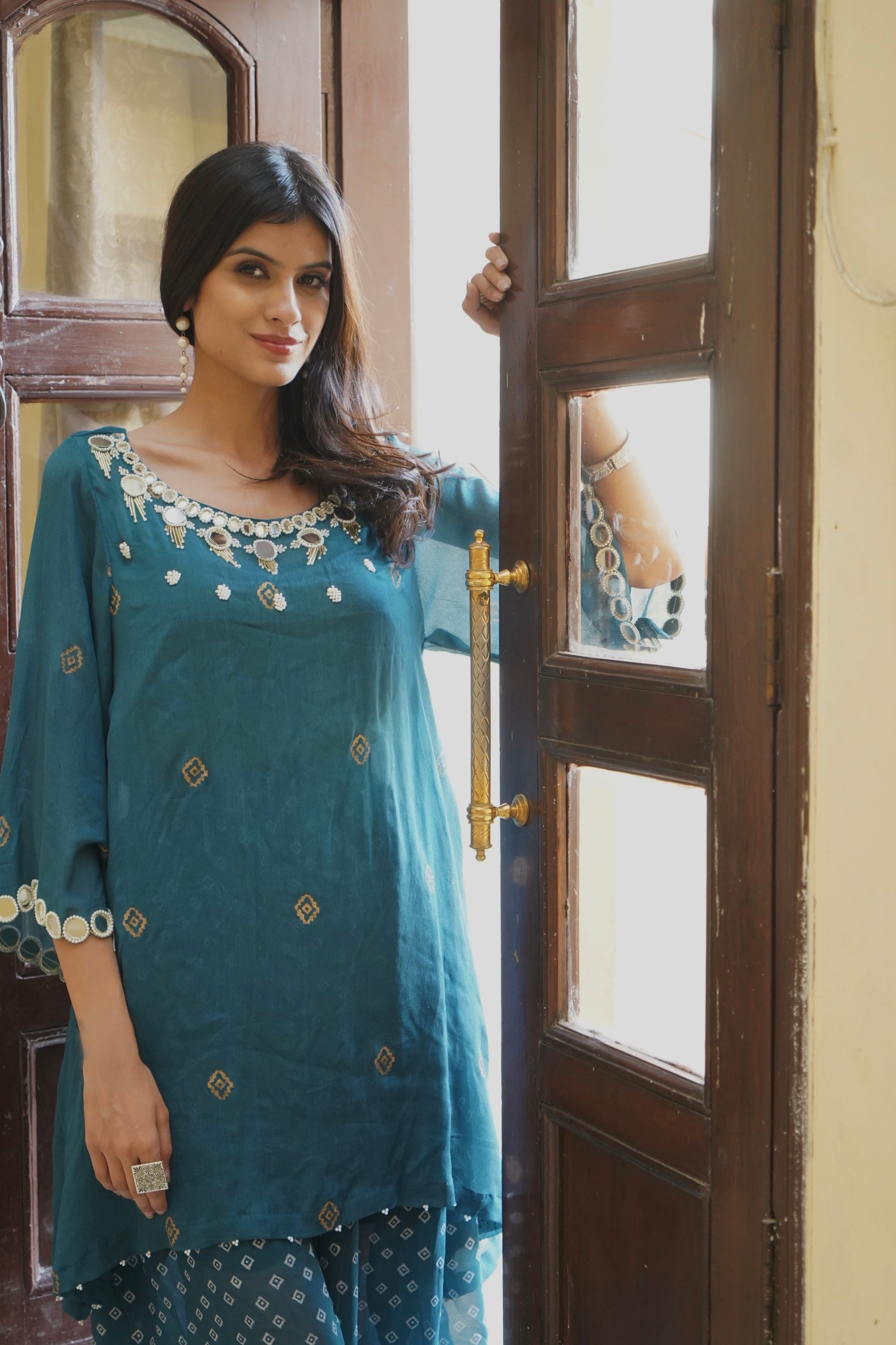 PEACOCK BLUE EMBROIDERED KURTA SET