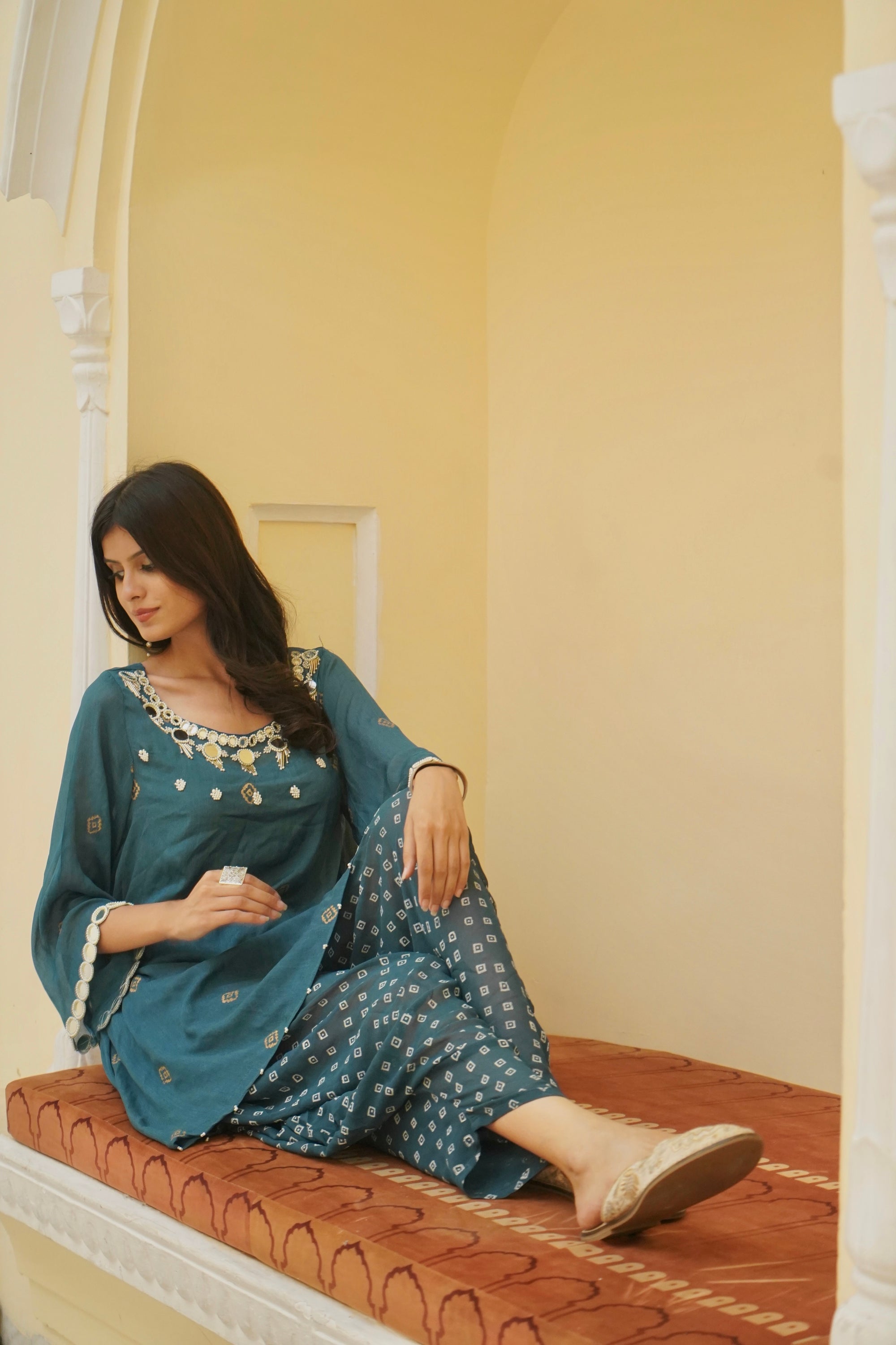 PEACOCK BLUE EMBROIDERED KURTA SET
