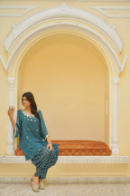 PEACOCK BLUE EMBROIDERED KURTA SET