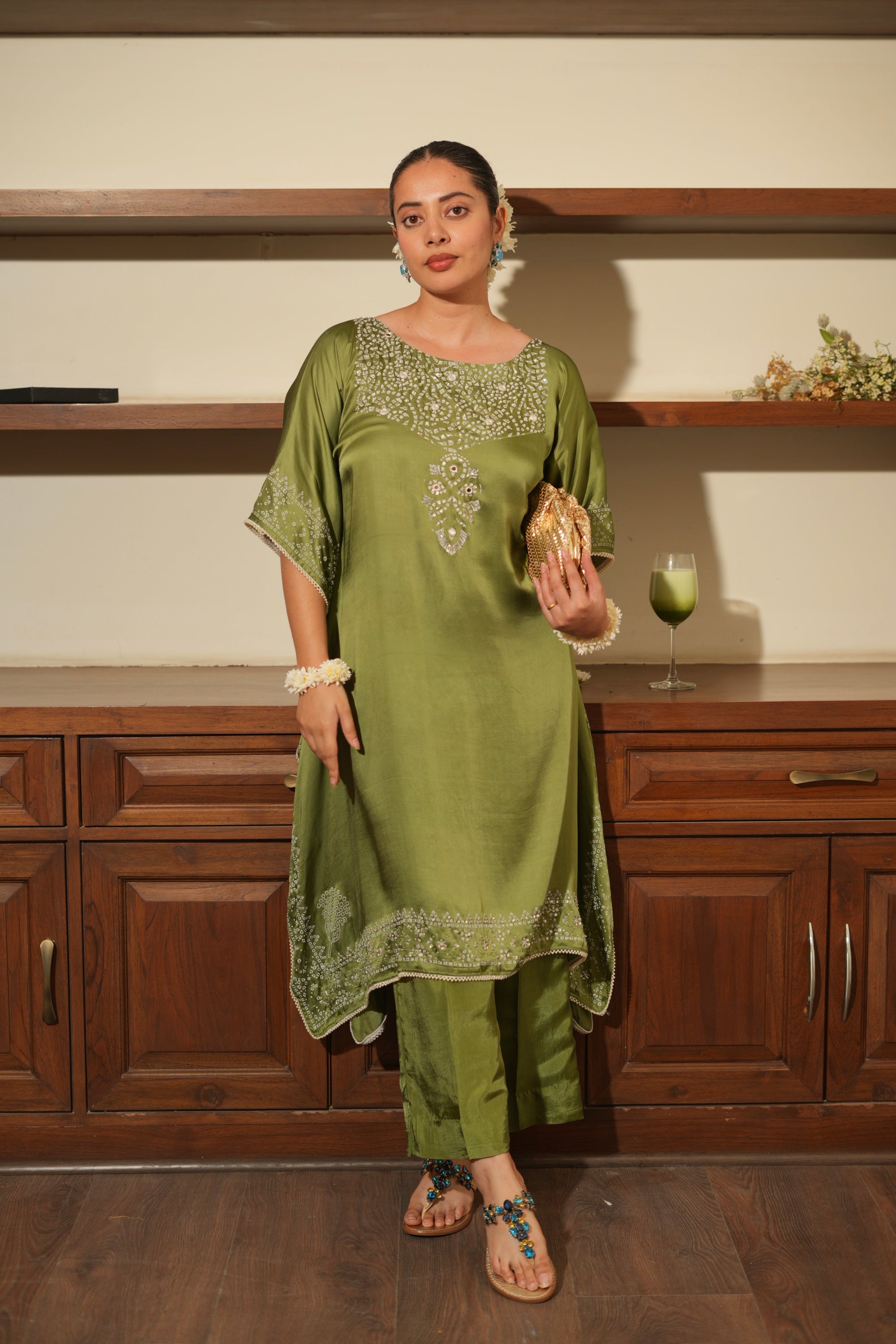 GREEN BANDHANI KAFTAN SET