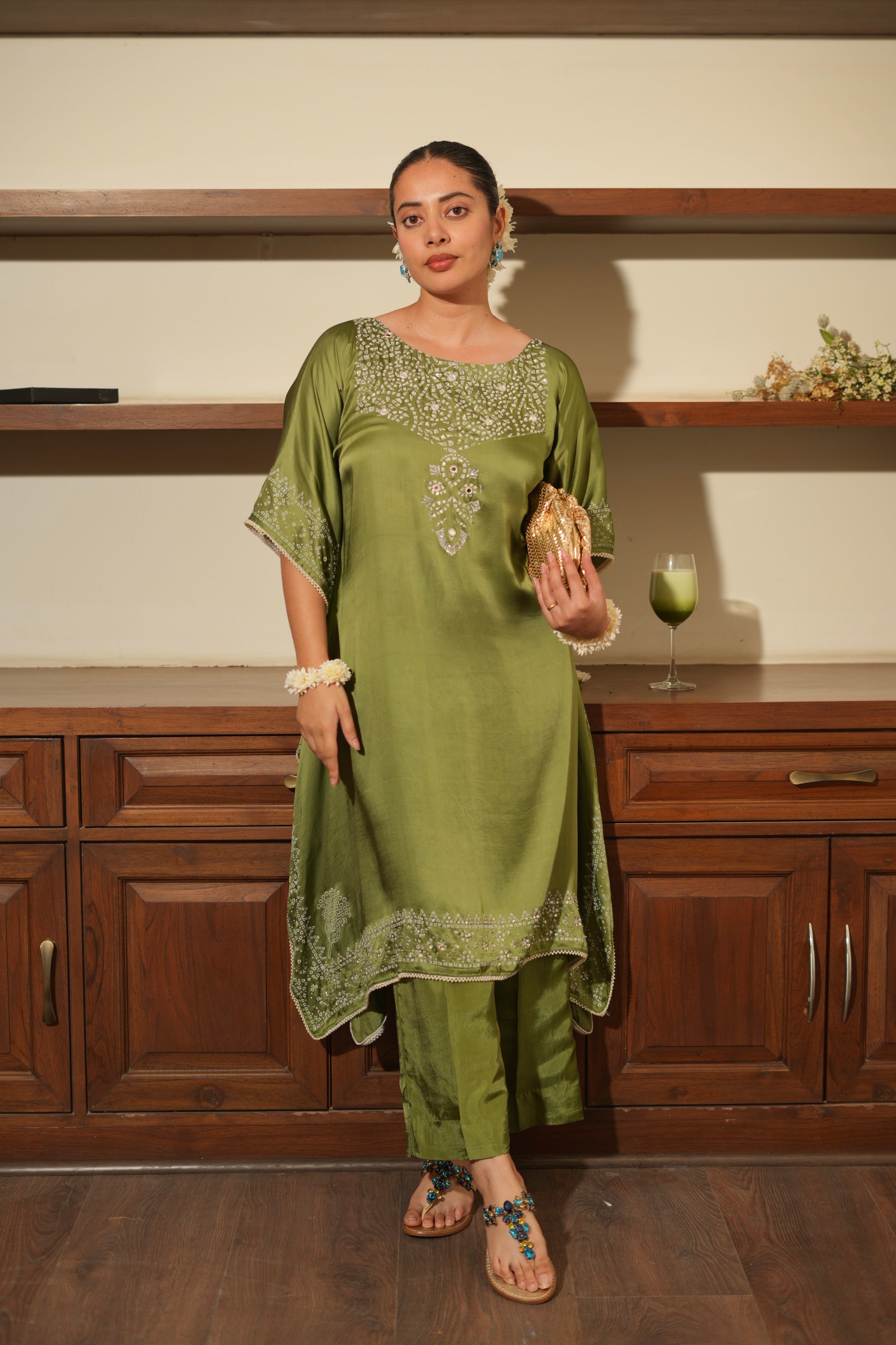 GREEN BANDHANI KAFTAN SET