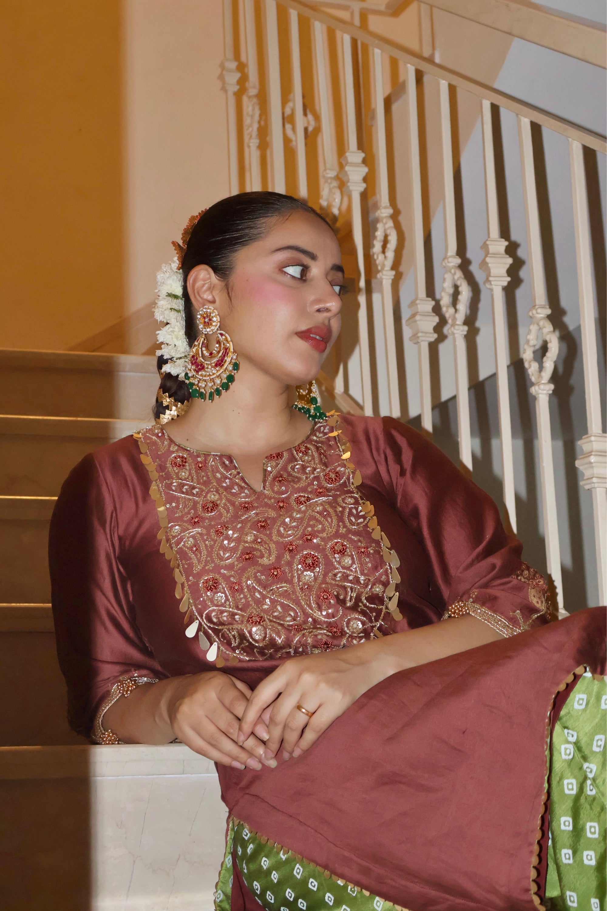 MAROON AND GREEN EMBROIDERED KURTA SET