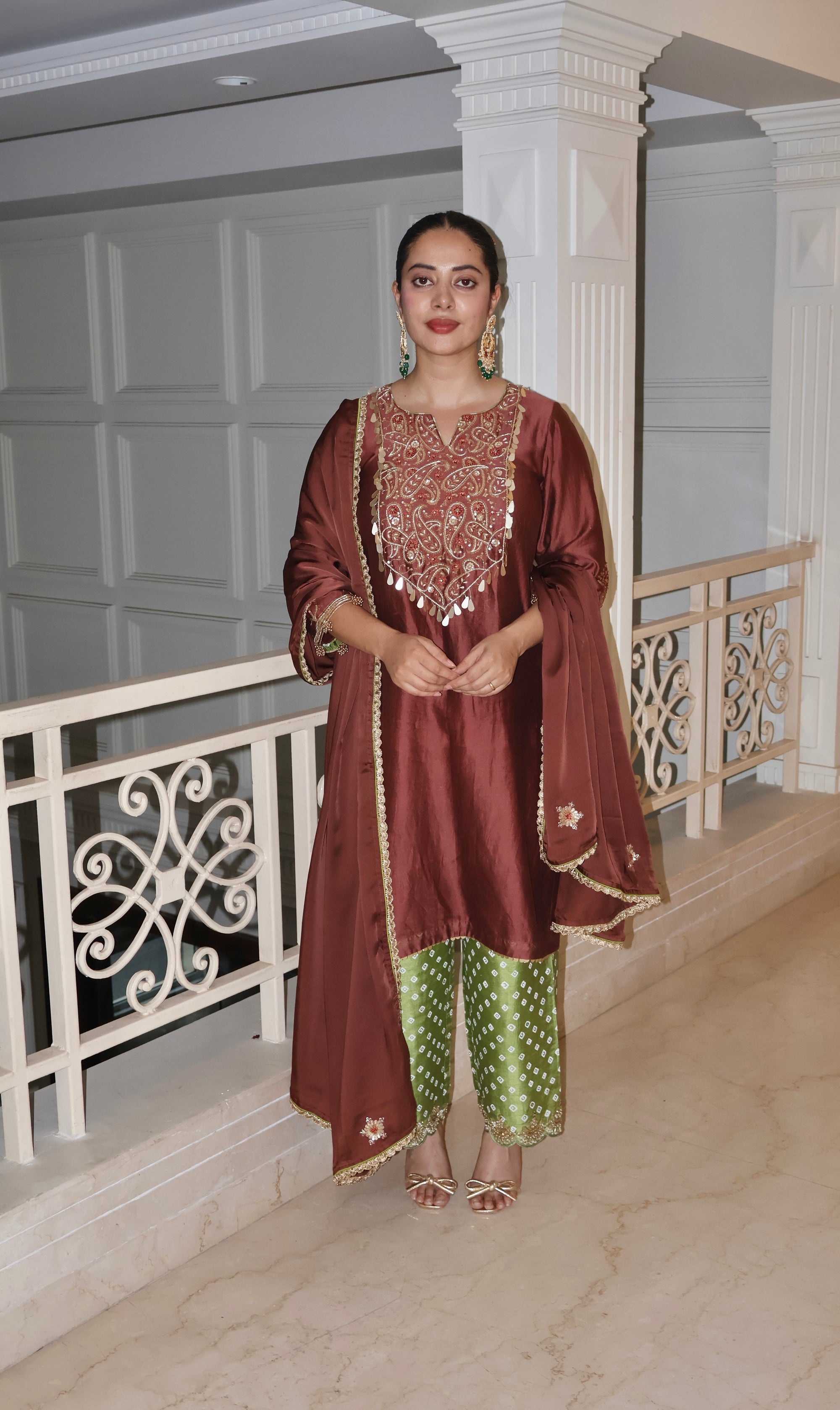 MAROON AND GREEN EMBROIDERED KURTA SET