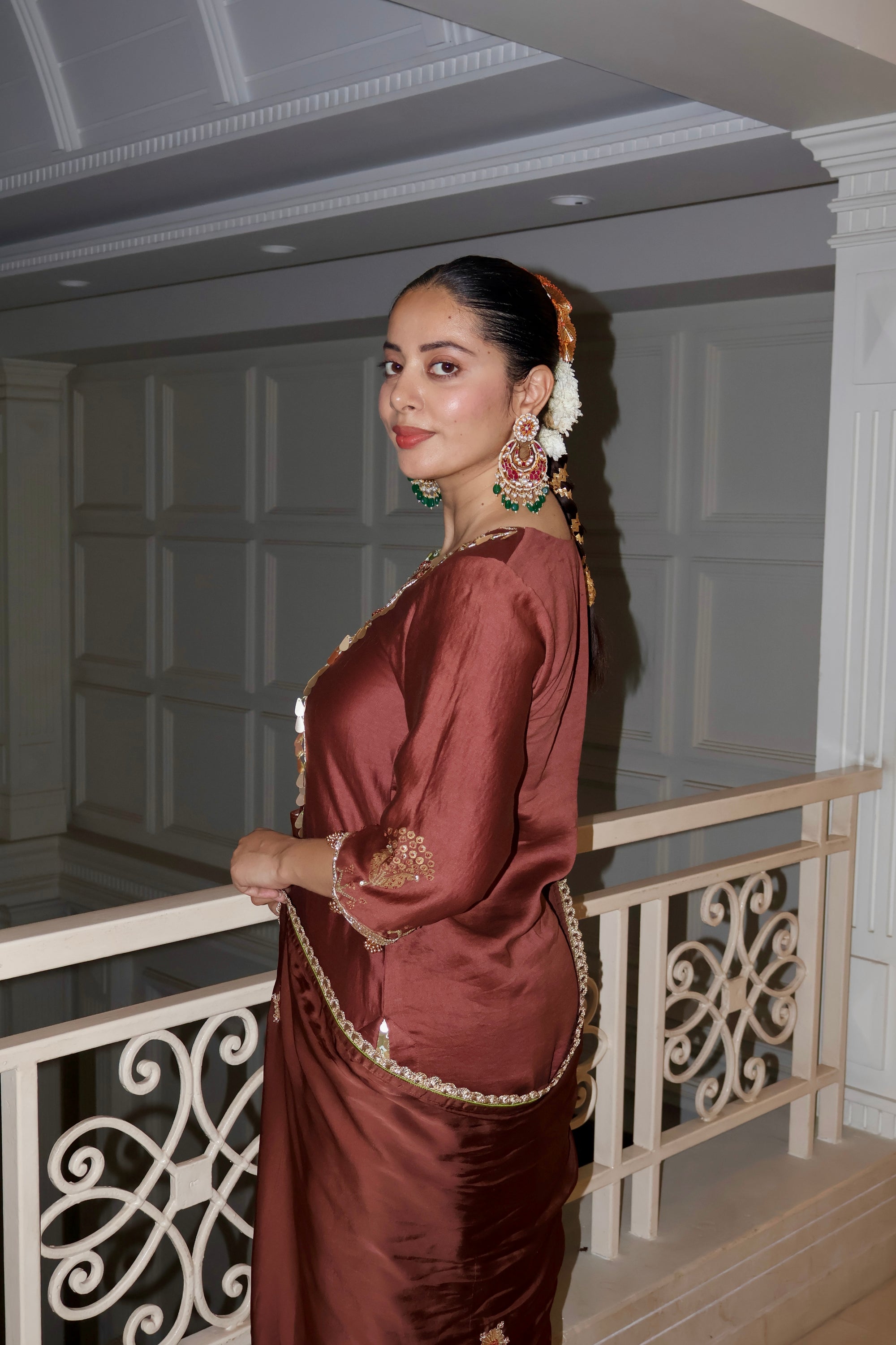 MAROON AND GREEN EMBROIDERED KURTA SET