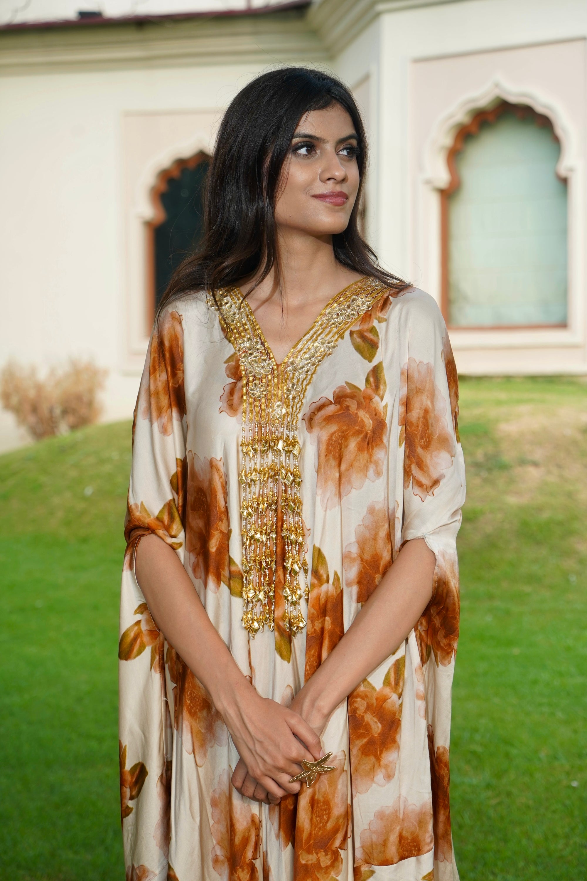 CHAMPAGNE RUST FLORAL KAFTAN DRESS