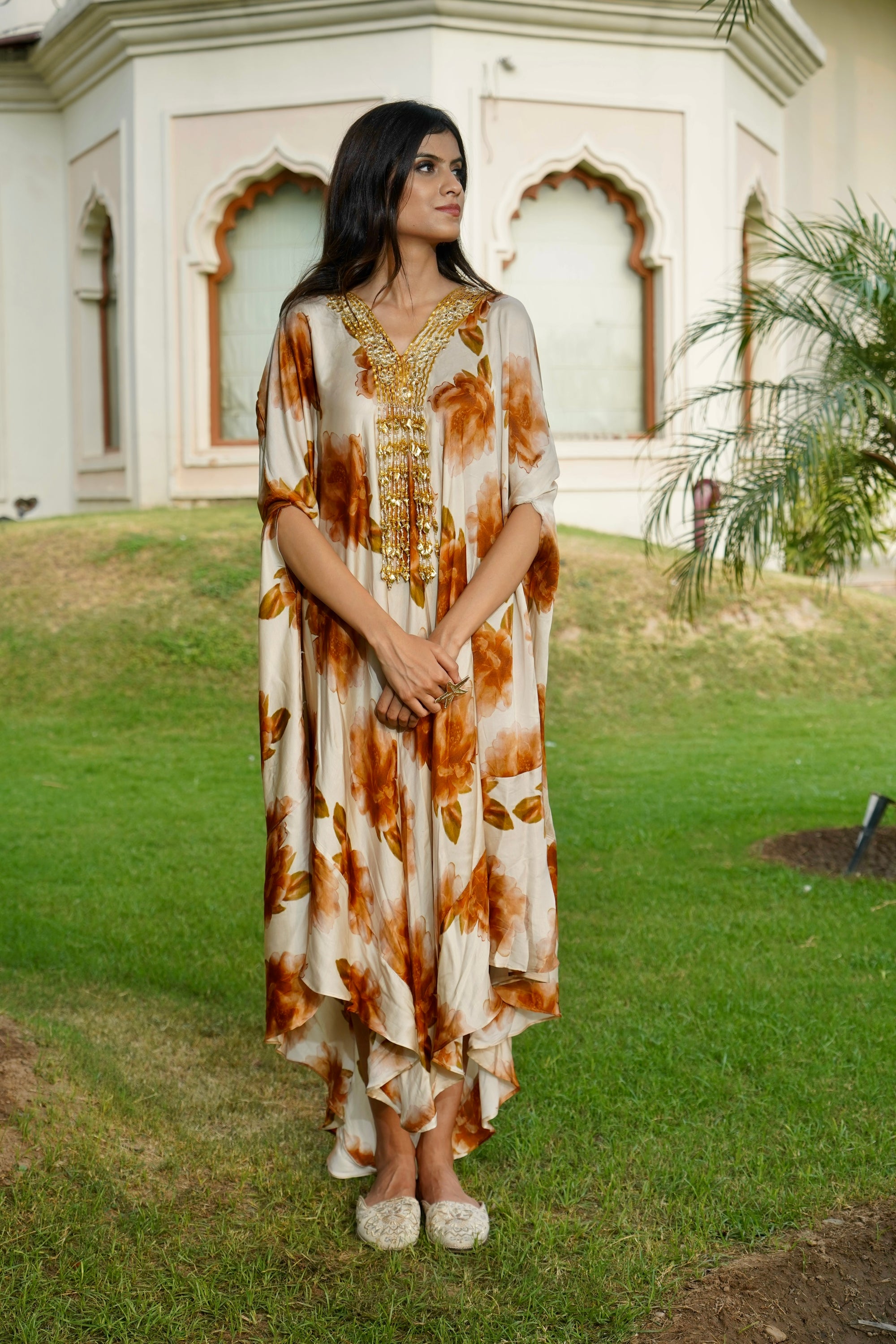CHAMPAGNE RUST FLORAL KAFTAN DRESS